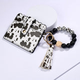 Black White Cow Print Beaded Bracelet Keyring Vegan Leather Wallet Tassel