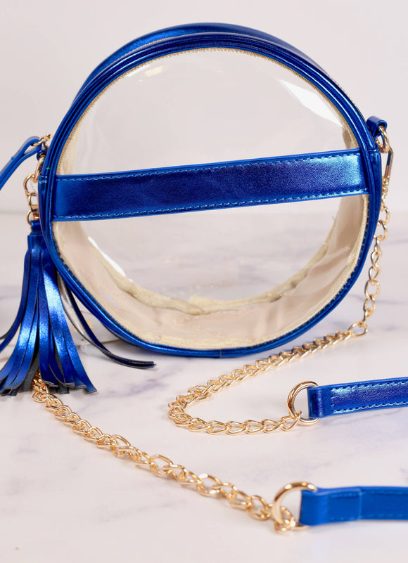 Madison Clear Tassel Crossbody Bag Metallic Royal Blue