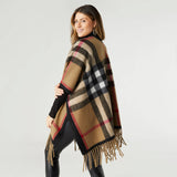 Jora Classic Plaid Wrap Shawl Ruana with Fringe Taupe