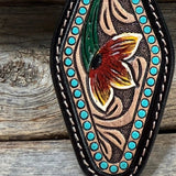 Floral Tooled Leather Hand Painted Key Chain Bag Charm