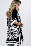 Coal Black & White Damask Floral Open-Front Kimono