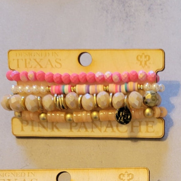 Beaded Stretch Stack Bracelet Set Pink pearl Taupe Tan Gold