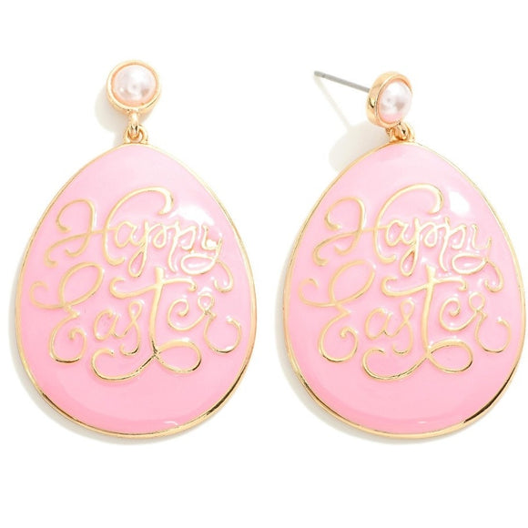 Pink Enamel Coated Happy Easter Egg Drop Earrings With Pearl Post