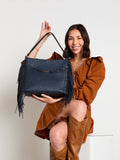 Eva Side Fringe Satchel | Decorative Piston Closure | Navy
