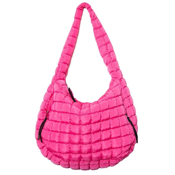 Hot Pink Oversized Slouchy Quilted Puffer Puffy Hobo Tote Bag