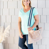 Tan Audrey Crossbody Bag Purse with Navy White Stripe Crossbody Strap