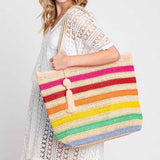 Pom Pom Tassel Rainbow Striped Straw Crochet Tote Bag in Pink