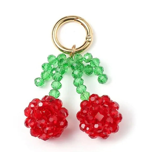 Bling Crystal Beaded Double Cherry Keyring Bag Charm
