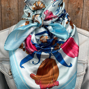 Blue Red Tulips and Lilies Printed Western Southwestern Wild Rag Scarf Accent