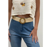 Boho Whipstitch Raffia Belt with Wooden Round Buckle Ivory