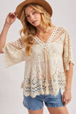 Boho Sheer Crochet Lace Top with Tassels - Natural