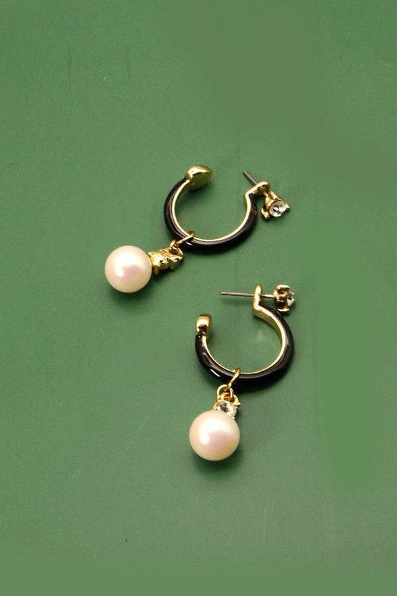 Black Hoop Pearl Drop Earrings