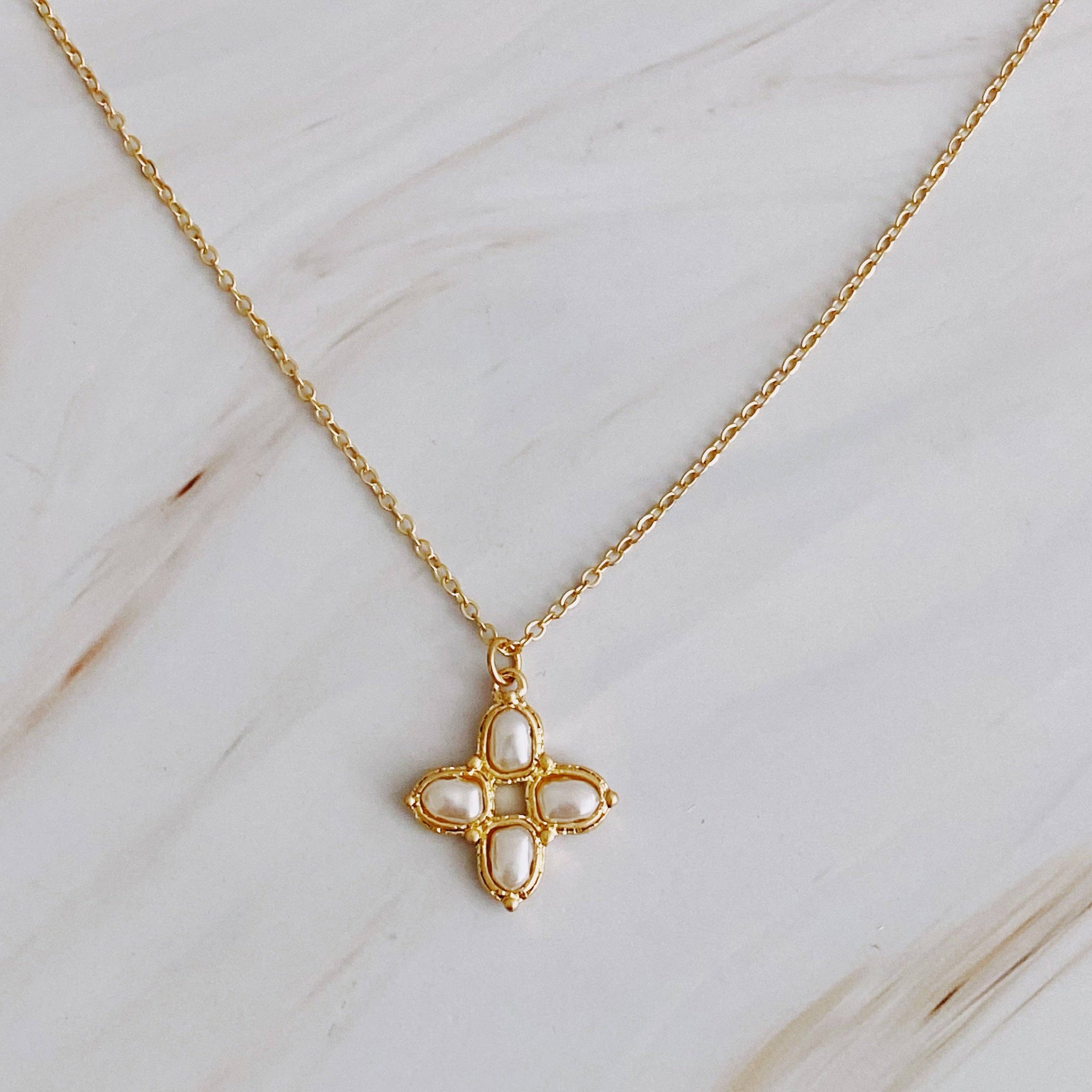 Square Pearl Cross Necklace | Gold Plated