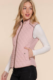 Suede Piping Detail Knit Rib Sides Quilted Padding Vest Blush Pink