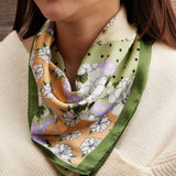 Retro Floral Square Scarf | Silk-Feel Fabric in Olive
