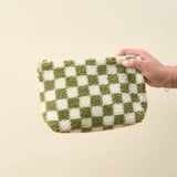 Sherpa Teddy Travel Cosmetic Pouch Check Green White