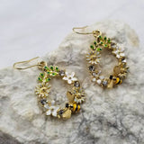 Crystal Flower and Enamel Bee Dangle Earrings