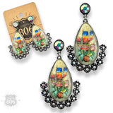 Scenic Southwest Western Cactus Acrylic Rhinestone Teardrop Earrings