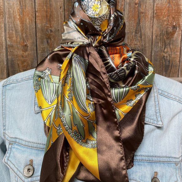 Yellow Brown Floral Printed Western Southwestern Wild Rag Scarf Accent