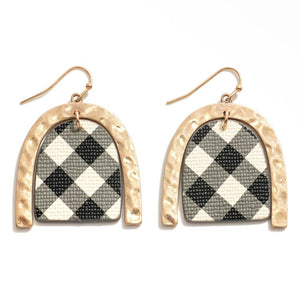 Arch Drop Earrings Buffalo Plaid White Black Gold