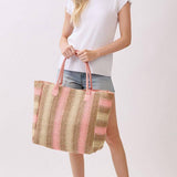 Natural Brown Multicolor Stripe Paper Straw Tote Bag in Pink