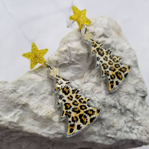 Glitter Star Leopard Christmas tree Earrings