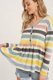 Button Front Multicolor Stripe French Terry Babydoll Top