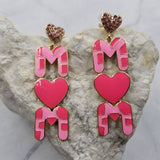 Hot Pink Heart MOM Crystal Dangle Earrings