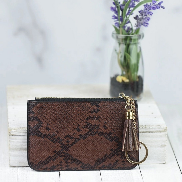 Katie Faux Snakeskin Tassel Keyring Pouch Brown Black