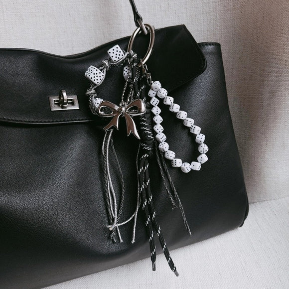 So Chic Bag Charm Keychain Dice Silver Bow Black Accents