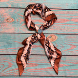 Western Longhorn Print Silky Wild Rag | 36x36 | Mocha & Turquoise