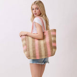 Natural Brown Multicolor Stripe Paper Straw Tote Bag in Pink