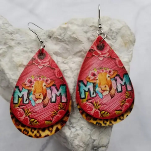 Mom Cows Leopard Rose Teardrop Earrings