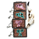 Cowboy Hat Western Cowhide Tooled Leather Keychain Wallet Pink Outline