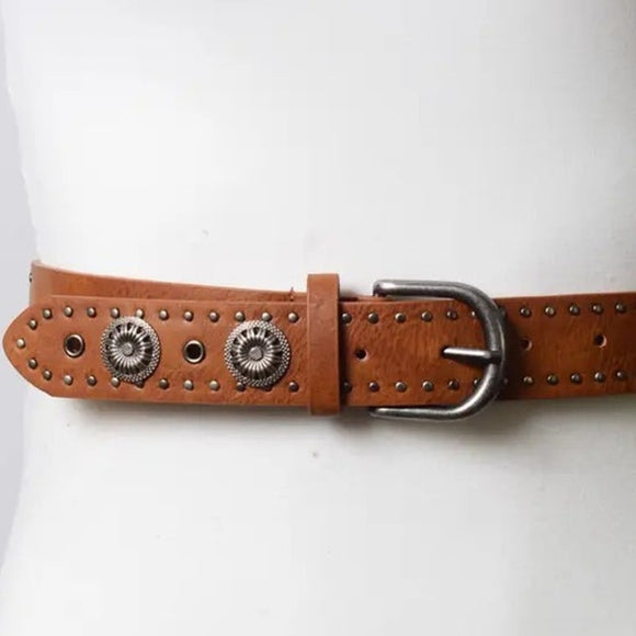 Concho Studded Vegan Leather Western Cowgirl Belt Camel Brown