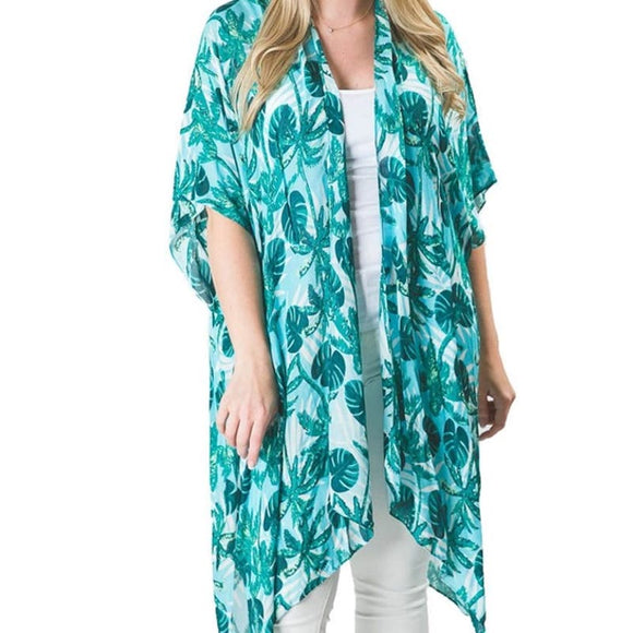 Kari Printed Lightweight Kimono Wrap Shawl Blue Green Tropical Palms Trees