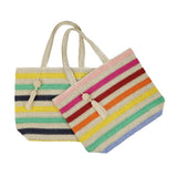 Striped Straw Crochet Tote Bag With Pom Pom Tassel