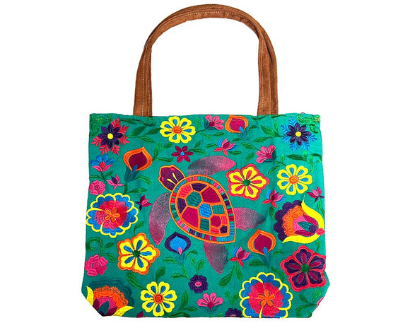 Embroidered Floral Sea Turtle Large Suede Purse Tote Bag