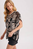 Embroidered Mesh Crochet Top - Black with Ivory Detail