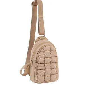 Metro Muse Puffy Quilted Nylon Sling Crossbody Bag Tan