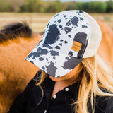 Black White Cow Print Western Trucker Ponytail Hat