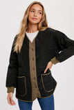 Color Block Lightweight Quilted Button Front Jacket Olive