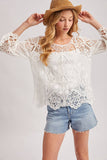 Boho Sheer Crochet Top - 3/4 Sleeve Lace Blouse Ivory
