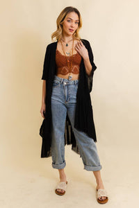 Ruffle Edge Bohemian Lightweight Flowing Kimono Wrap Cover Up Black