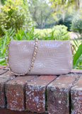 Livi Embossed Crocodile Print Dual Strap Crossbody Taupe Patent