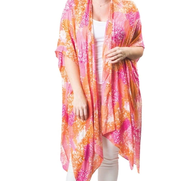 Kari Printed Lightweight Kimono Wrap Shawl Pink Sea Coral