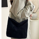 Corduroy Slouchy Tote Bag With Guitar Shoulder Strap Black