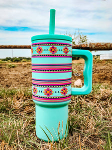 Turquoise Aztec Bands Western 24oz Stainless Steel Tumbler Cup with Handle