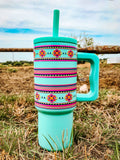 Turquoise Aztec Bands Western 24oz Stainless Steel Tumbler Cup with Handle