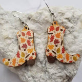 Fall Maple Leaf Cowgirl Boots Wood Dangle Earrings